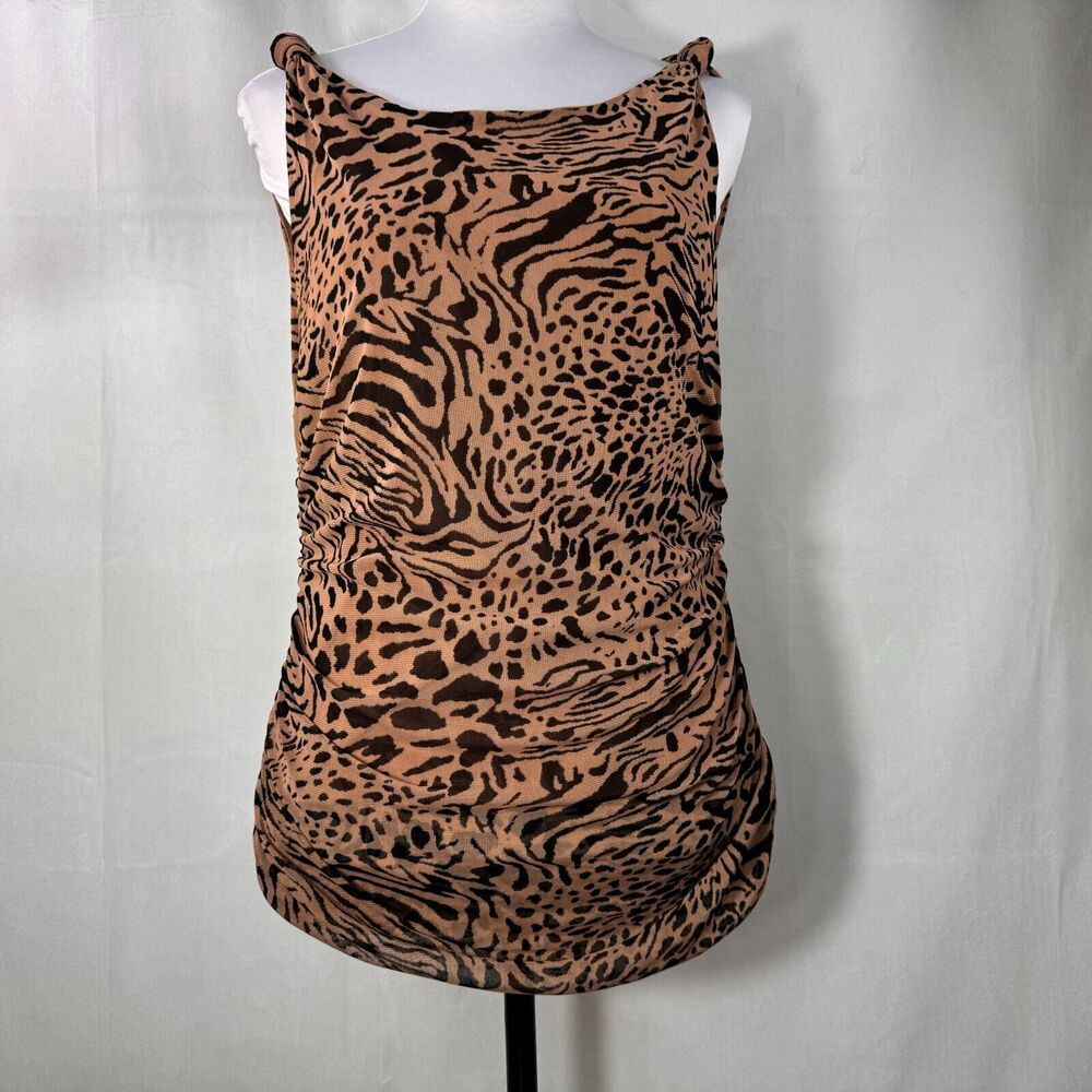 Jane + Delancey Ladies Top Sz L Brown Ruched sides Sleeveless Animal Print